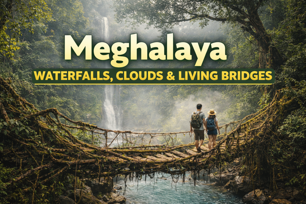 Living root bridge Meghalaya — summer green forest