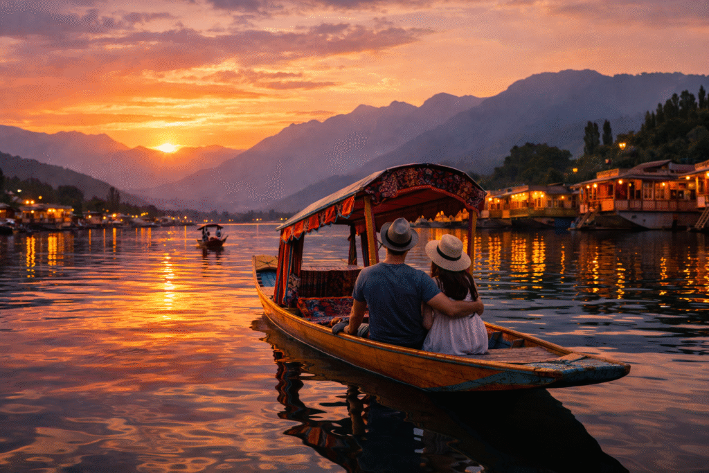 Srinagar Dal Lake shikara at sunset — summer in Kashmir